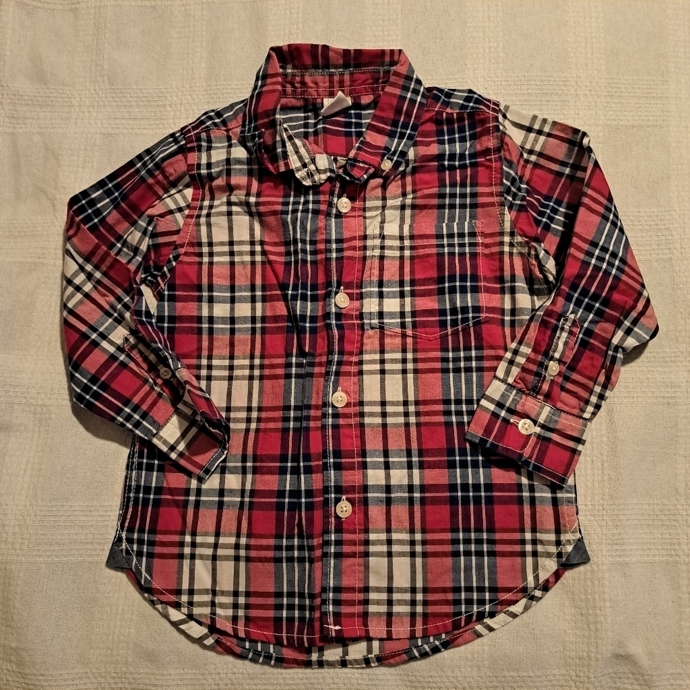 Gap boys size 3T plaid button up shirt, red, blue & white, EUC